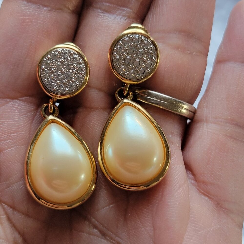 Vintage Monet Gold Chandelier Drop Earrings with Faux Pearls and Rhinestones